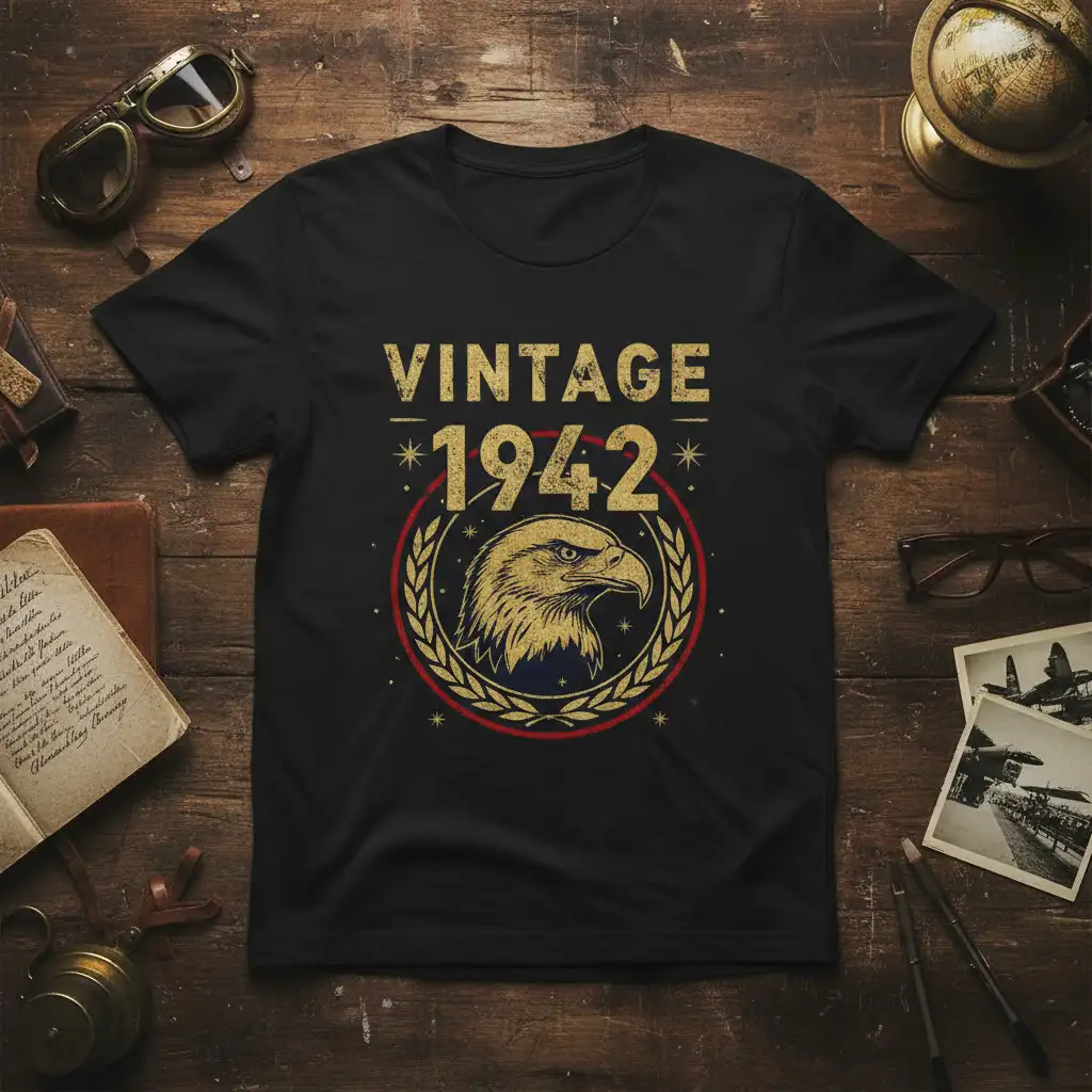 Vintage 1942 text with a golden eagle head graphic in a laurel wreath on a black tee