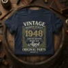 Vintage 1948 Premium Quality Aged Original Parts T-Shirt design with ornate golden border and distressed text