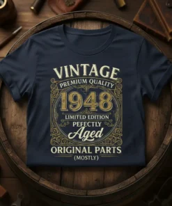 Vintage 1948 Premium Quality Aged Original Parts T-Shirt design with ornate golden border and distressed text