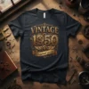 Vintage 1950 Original Parts text design with gears and wings graphic on a black t-shirt
