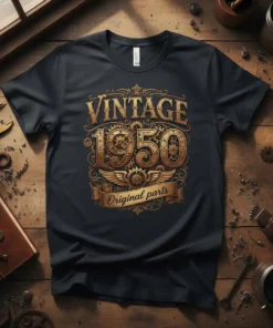 Vintage 1950 Original Parts text design with gears and wings graphic on a black t-shirt