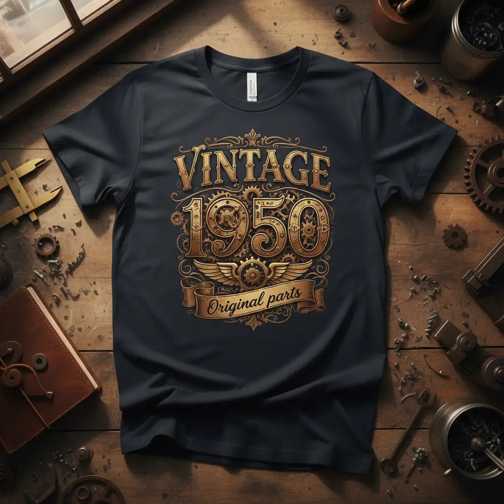 Vintage 1950 Original Parts text design with gears and wings graphic for birthday apparel