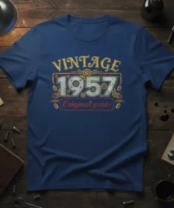 Vintage 1957 Original Parts t-shirt design with distressed text and gear graphics for a retro mechanical look