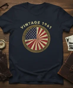 VINTAGE 1961 text above a distressed circular American flag design on a navy blue t-shirt