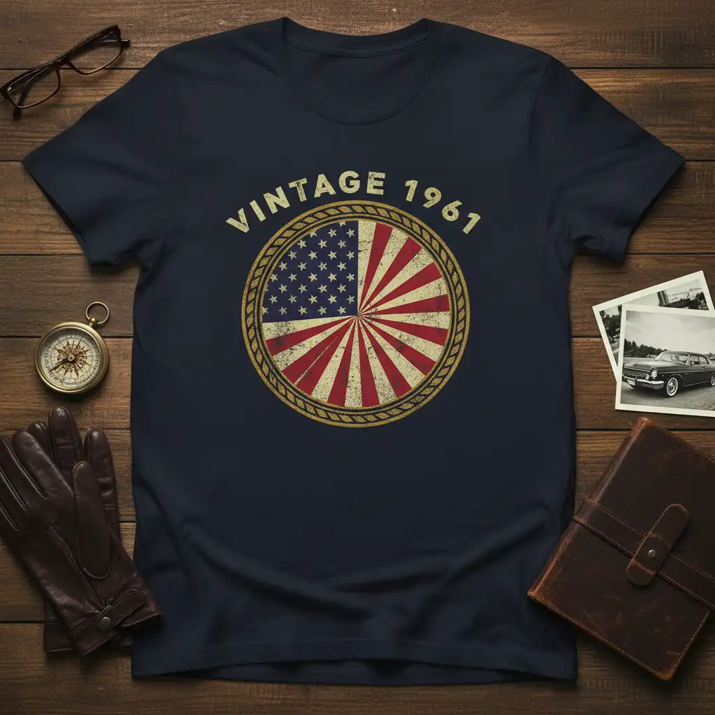 VINTAGE 1961 text above a circular distressed American flag graphic on a navy t-shirt