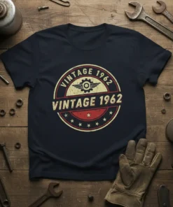 Vintage 1962 T-Shirt with retro circular design and gear graphic, available in navy blue