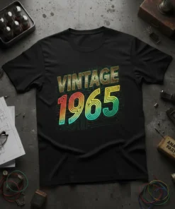 Black t-shirt with "VINTAGE 1965" text in colorful retro font, set against a subtle circuit board pattern