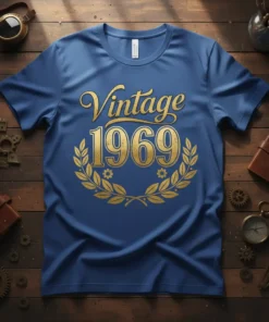 Vintage 1969 text with golden laurel wreath design on a blue t-shirt, celebrating a birth year
