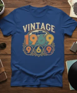 Vintage 1969 T-Shirt featuring retro car graphic and distressed typography, available in multiple colors