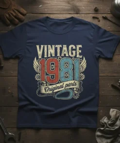 Vintage 1981 Original Parts t-shirt design with retro text and automotive graphics