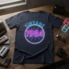 Vintage 1984 text in neon glow on a dark t-shirt with retro grid background