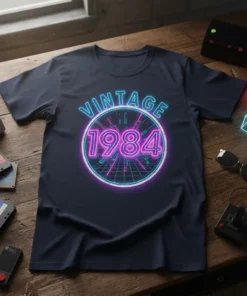 Vintage 1984 text in neon glow on a dark t-shirt with retro grid background