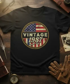 Vintage 1987 T-Shirt with distressed American flag graphic and bold text