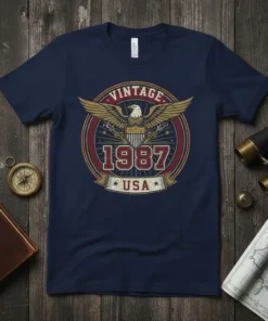 Vintage 1987 USA graphic t-shirt with a distressed eagle emblem and patriotic red, white, and blue circular design