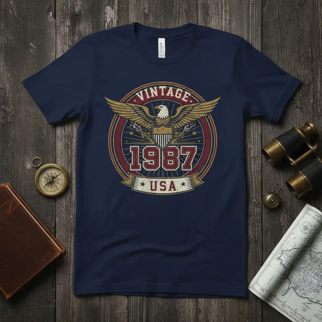 Vintage 1987 USA eagle graphic t-shirt with distressed circular emblem and patriotic stars
