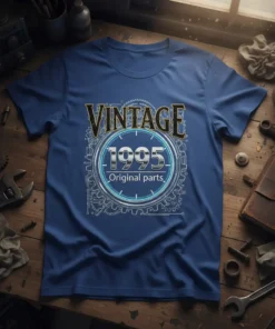 Vintage 1995 Original Parts t-shirt design with gears and clock face graphic, celebrating the birth year 1995