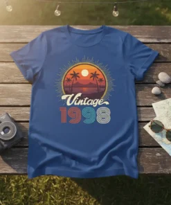 Vintage 1998 t-shirt with a retro sunset design featuring palm trees and the year 1998 in bold colorful text