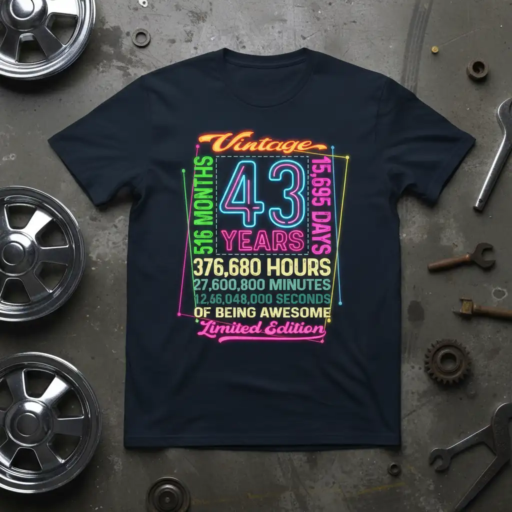 Vintage 43 YEARS 516 quote printed with creative illustration on breathable fabric t-shirt design