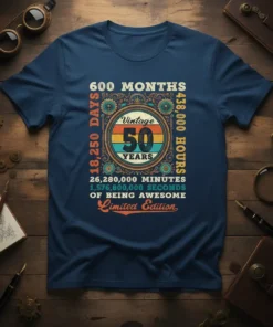 Vintage 50th birthday t-shirt with text "600 Months 18,250 Days 438,000 Hours Vintage 50 Years" and " Edition" graphic