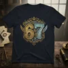 Steampunk '67' design featuring gold and silver numbers with wings and gears, on a navy t-shirt