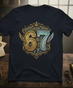 Steampunk '67' design featuring gold and silver numbers with wings and gears, on a navy t-shirt