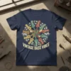 Navy t-shirt featuring a circular design of colorful vintage bass guitar heads and musical notes, with "VINTAGE BASS VIBES" text