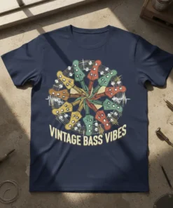 Navy t-shirt featuring a circular design of colorful vintage bass guitar heads and musical notes, with "VINTAGE BASS VIBES" text