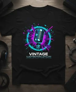 Vintage Microphone T-Shirt featuring a retro microphone design with neon blue and purple accents