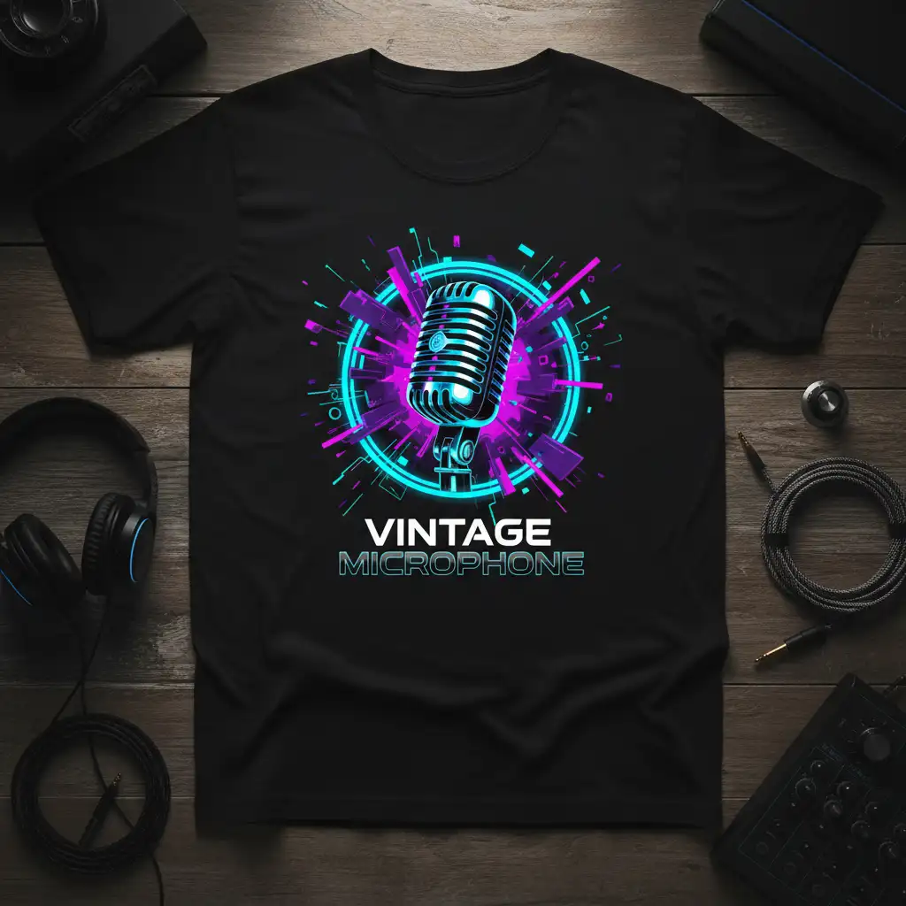 Vintage Microphone graphic tee with neon accents and retro microphone illustration