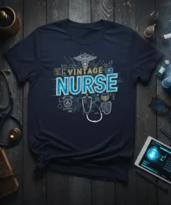 Vintage Nurse T-Shirt design with retro text and medical graphics like a stethoscope and caduceus symbol