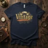 Vintage text design with steampunk gears and a retro banner on a navy t-shirt