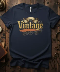 Vintage text design with steampunk gears and a retro banner on a navy t-shirt