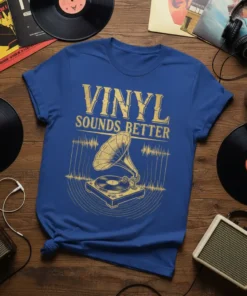 T-shirt with "VINYL SOUNDS BETTER" text and a vintage gramophone graphic, featuring golden yellow design on a blue shirt