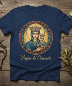 Virgen de Coromoto t-shirt featuring a mosaic-style depiction of the Virgin Mary and Child, with gold text