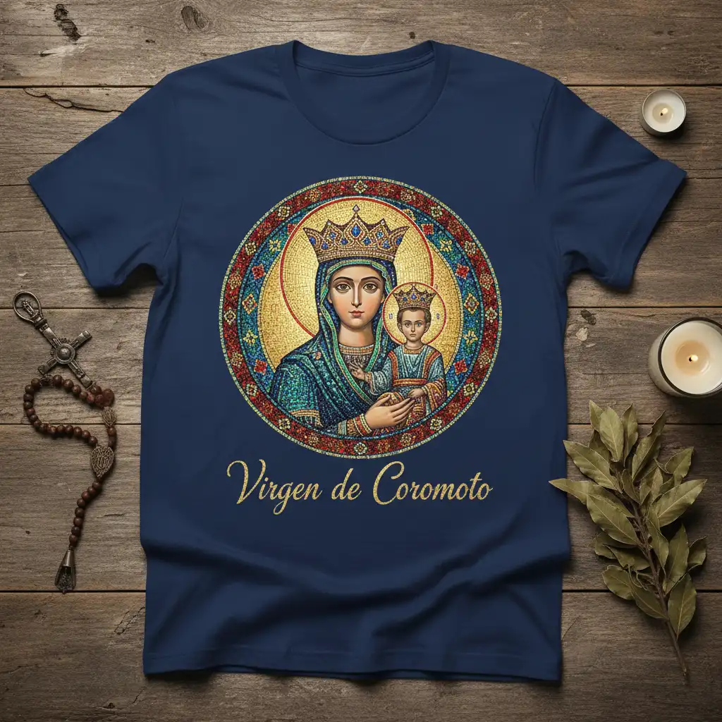 Virgen de Coromoto religious t-shirt with a circular mosaic image of the Virgin Mary and Infant Jesus