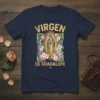 Virgen de Guadalupe religious t-shirt design with floral border and golden text