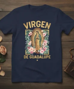 Virgen de Guadalupe religious t-shirt design with floral border and golden text