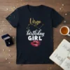 Virgo Birthday Girl t-shirt with gold glitter text, constellation, and red lips graphic