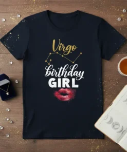 Virgo Birthday Girl t-shirt with gold glitter text, constellation, and red lips graphic
