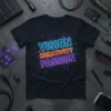 Black t-shirt with neon text reading VISION CREATIVITY PASSION in blue, orange, and purple, set against a digital circuit background