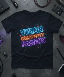 Black t-shirt with neon text reading VISION CREATIVITY PASSION in blue, orange, and purple, set against a digital circuit background
