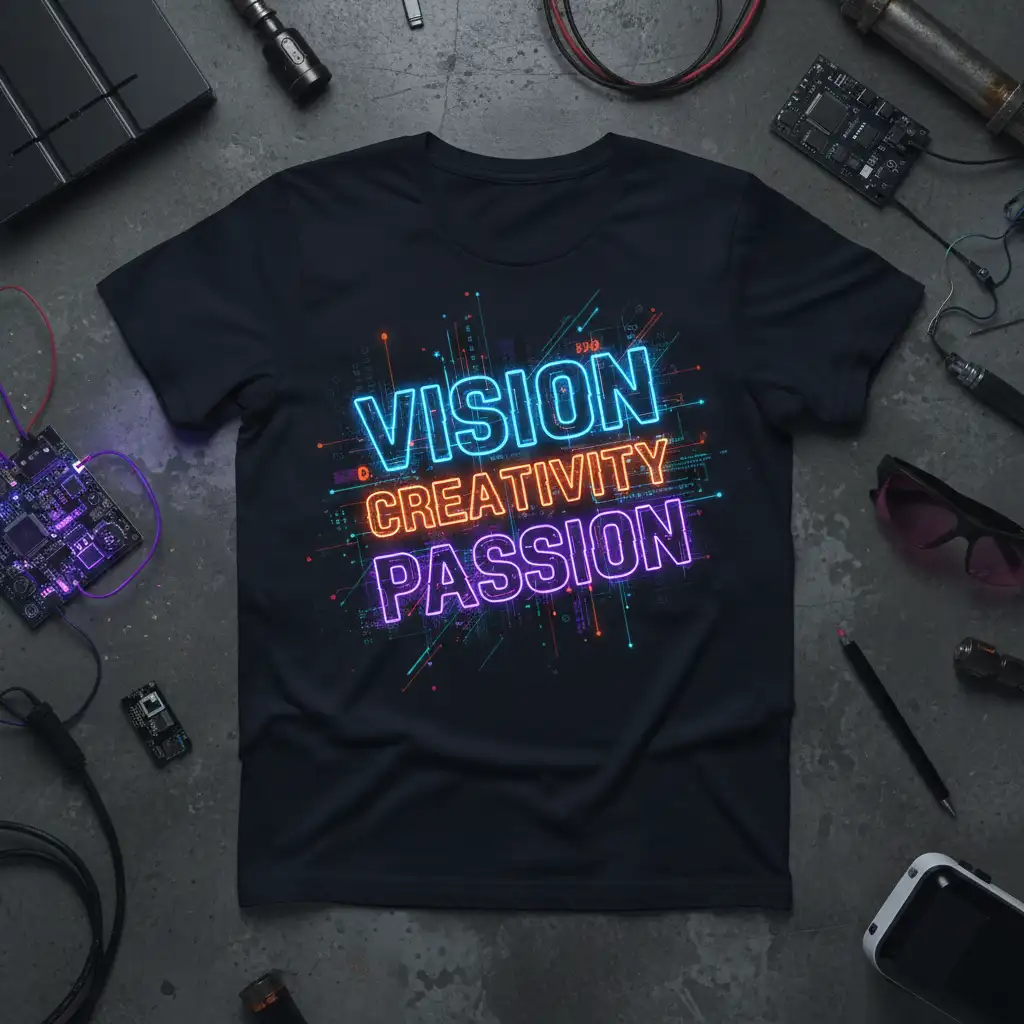 VISION CREATIVITY PASSION neon text design on a black t-shirt, representing innovation and ambition
