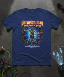 Vitruvian Man with electric guitar design featuring bold text and a stylized anatomical figure playing a guitar, set against a