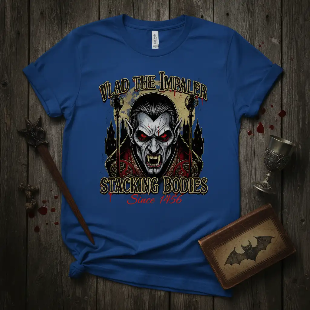 Vlad The Impaler Stacking Bodies Since 1456 quote design with a menacing vampire portrait and castle graphic