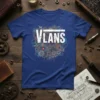 VLANS text design featuring complex gears, circuits, and mechanical components in a steampunk style on a blue t-shirt