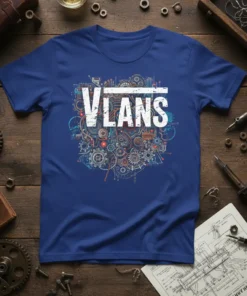 VLANS text design featuring complex gears, circuits, and mechanical components in a steampunk style on a blue t-shirt