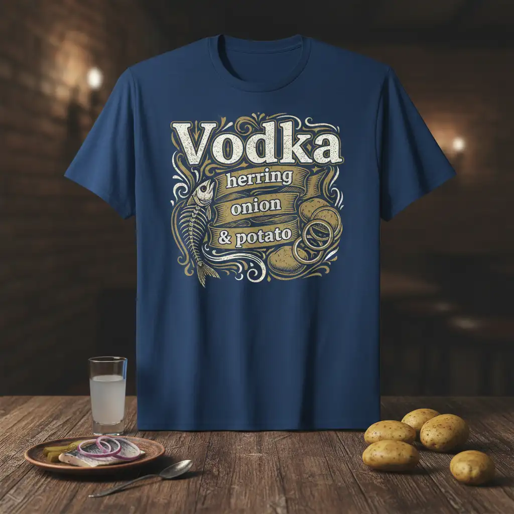 Vodka Herring Onion & Potato design with vintage elements and classic food pairings illustration on a navy blue tee