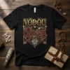 Black t-shirt with "VODOU Queen" text in ornate gold and maroon lettering, featuring intricate cultural design elements