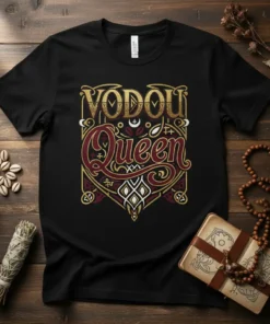 Black t-shirt with "VODOU Queen" text in ornate gold and maroon lettering, featuring intricate cultural design elements