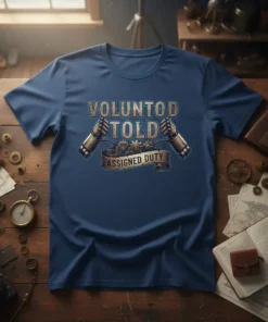 Steampunk t-shirt design with "Voluntod Told Assigned Duty" text and mechanical gears graphic